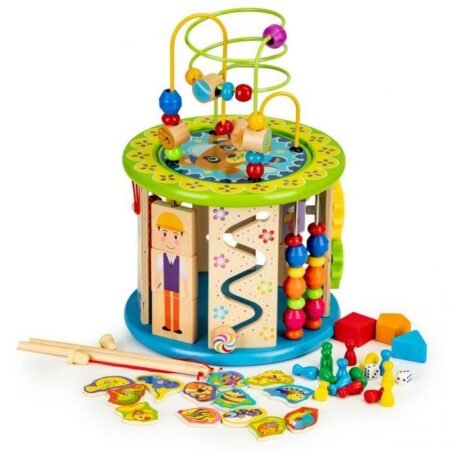 Cub educațional din lemn cu jocuri, blocuri și pescuit Ecotoys HM175920