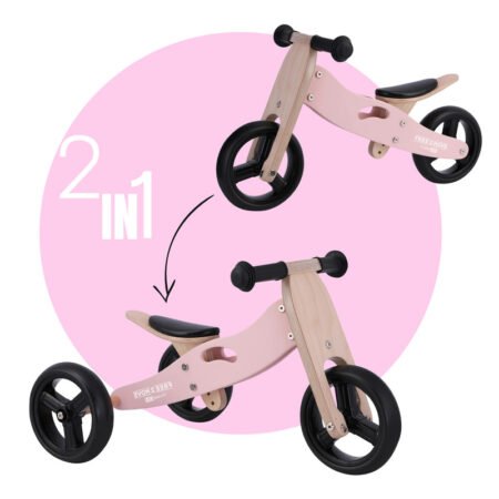 Bicicletă 2 în 1 din lemn, fără pedale, transformabilă în tricicletă fără pedale, Free2Move, Dusty Pink