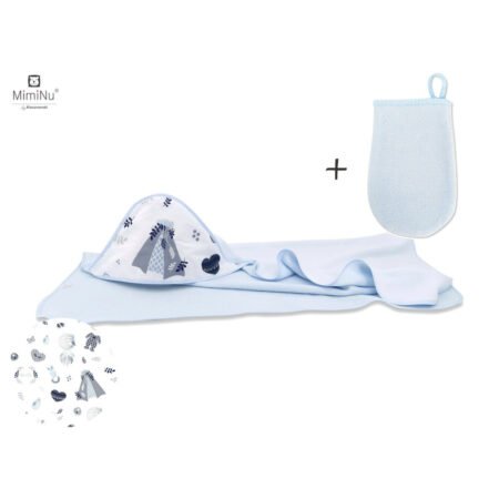Set prosop de baie cu glugă și Mănușă, 100x100 cm, MimiNu, Baby Shower Blue