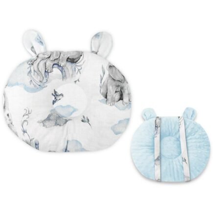 Pernă bebeluși cu 2 fețe din Minky și bumbac, 30x23 cm, Qmini, Minky Elephants on Rainbow Blue