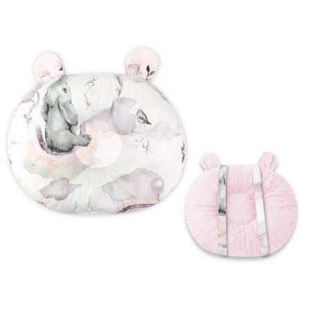 Pernă bebeluși cu 2 fețe din Minky și bumbac, 30x23 cm, Qmini, Minky Elephants on Rainbow Pink