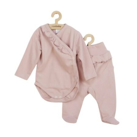 Set bebeluși 2 piese cu body cu volănașe și pantalonași cu botoșei, din bumbac, New Baby, Stripes Pink