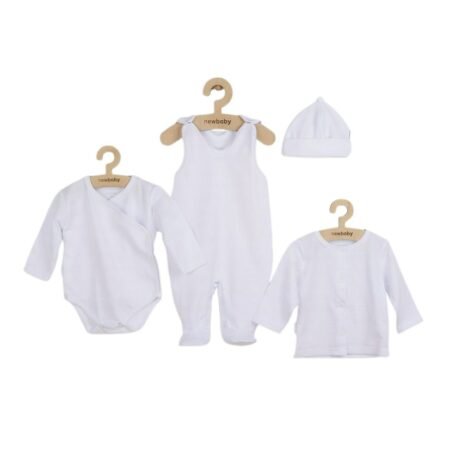 Set bebeluși 4 piese cu salopetă, bluză, body și căciuliță, 56 cm, din bumbac, New Baby, I am white