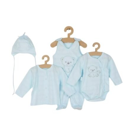 Set bebeluși 4 piese cu salopetă, bluză, body și căciuliță, 56 cm, din bumbac, New Baby, Sweet Bear Blue