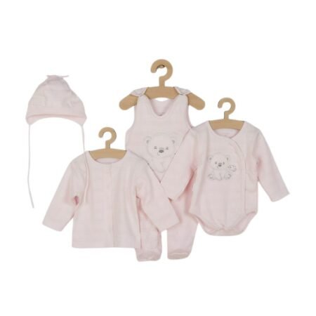 Set bebeluși 4 piese cu salopetă, bluză, body și căciuliță, 56 cm, din bumbac, New Baby, Sweet Bear Pink