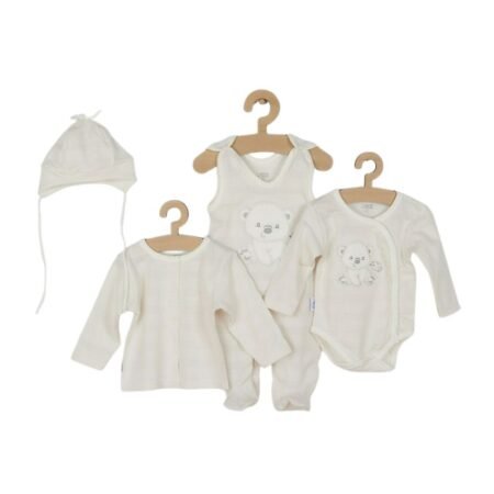 Set bebeluși 4 piese cu salopetă, bluză, body și căciuliță, 56 cm, din bumbac, New Baby, Sweet Bear Beige