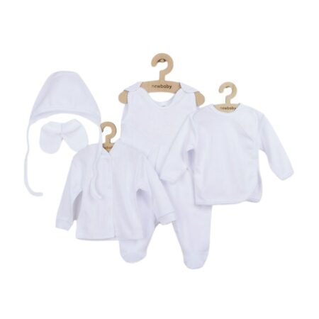 Set bebeluși 5 piese, cu salopetă, jachetă, bluză, căciuliță și mănuși, 56 cm, din bumbac, New Baby, Alb