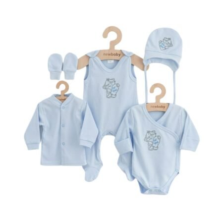 Set bebeluși 5 piese, cu salopetă, jachetă, body, căciuliță și mănuși, 50 cm, din bumbac, New Baby, Classic Blue