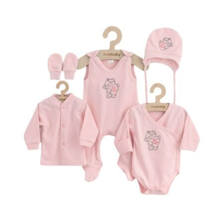 Set bebeluși 5 piese, cu salopetă, jachetă, body, căciuliță și mănuși, 50 cm, din bumbac, New Baby, Classic Pink