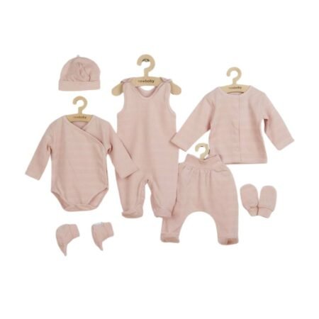 Set bebeluși 7 piese, cu body, bluză, pantalonași, salopetă, căciuliță, mănuși și botoșei, 56 cm, din bumbac, New Baby, I am Pink